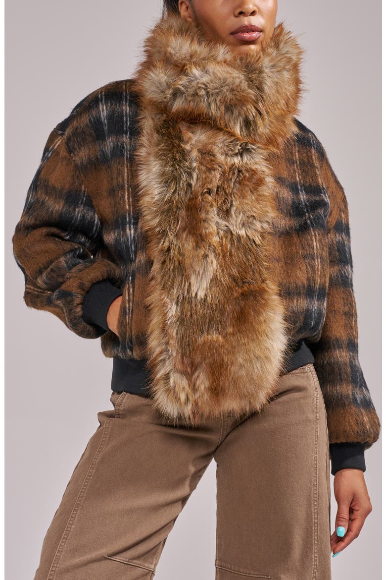Maddy Faux Fur Trim Bomber Jacket, Main, color, BROWN