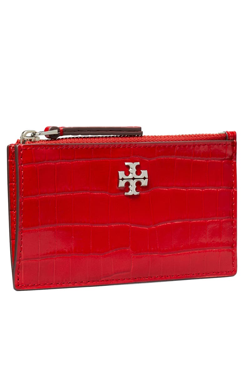 Tory Burch Kira Croc Texture Leather Zip Card Case, Alternate, color, Red Sky