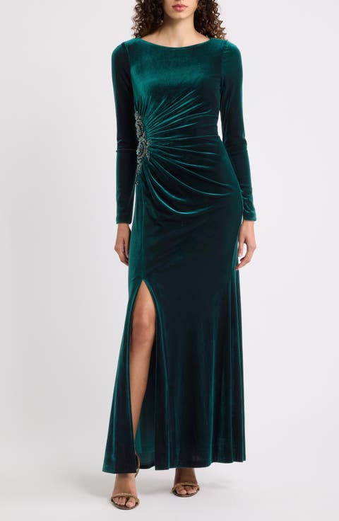 Side Ruched Long Sleeve Velvet Gown