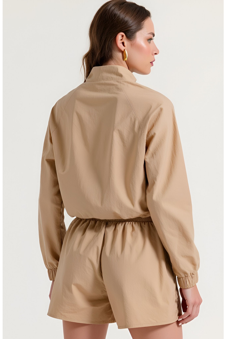 Cropped Zip Front Jacket and High Waist Drawstring Shorts Set, Alternate, color, Tan