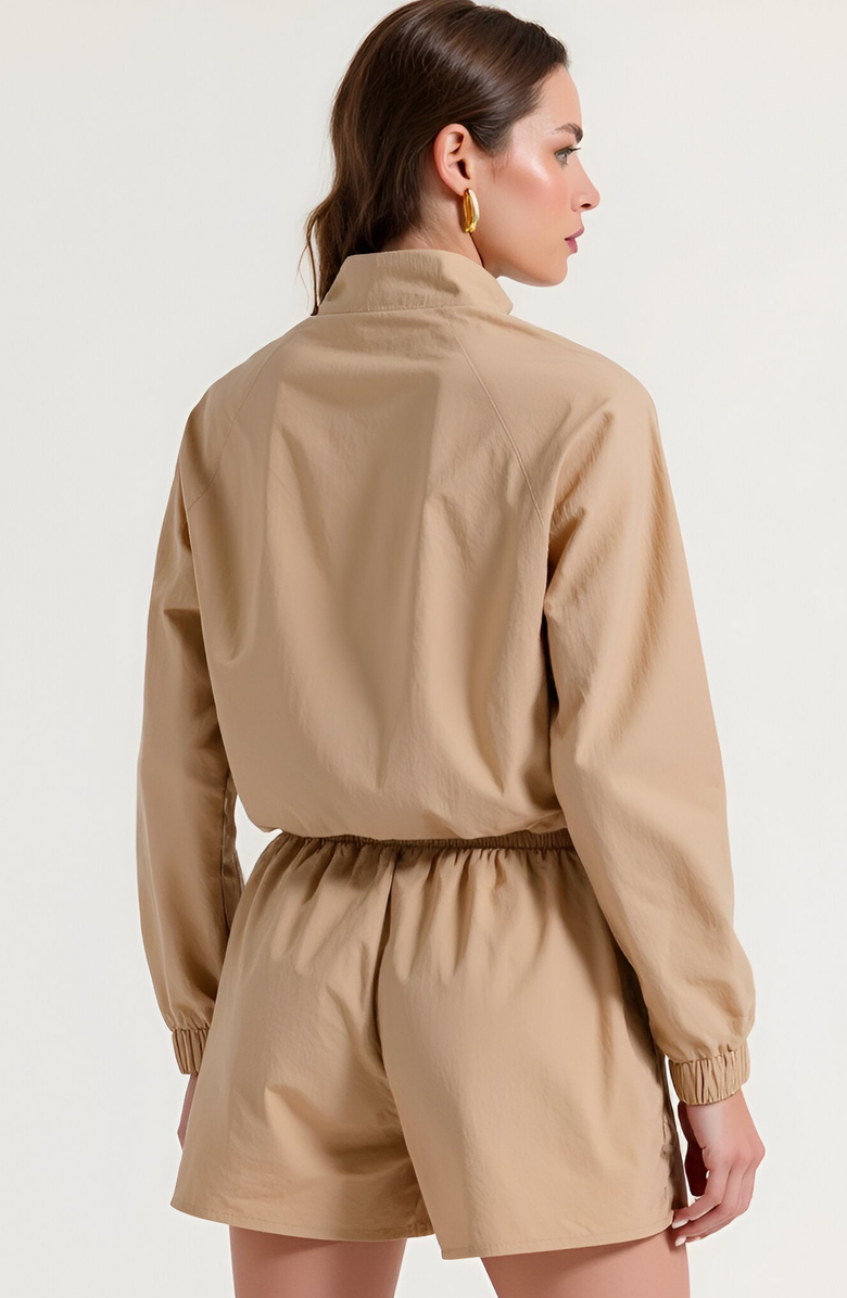Modenaire Cropped Zip Front Jacket and High Waist Drawstring Shorts Set, Alternate, color, Tan