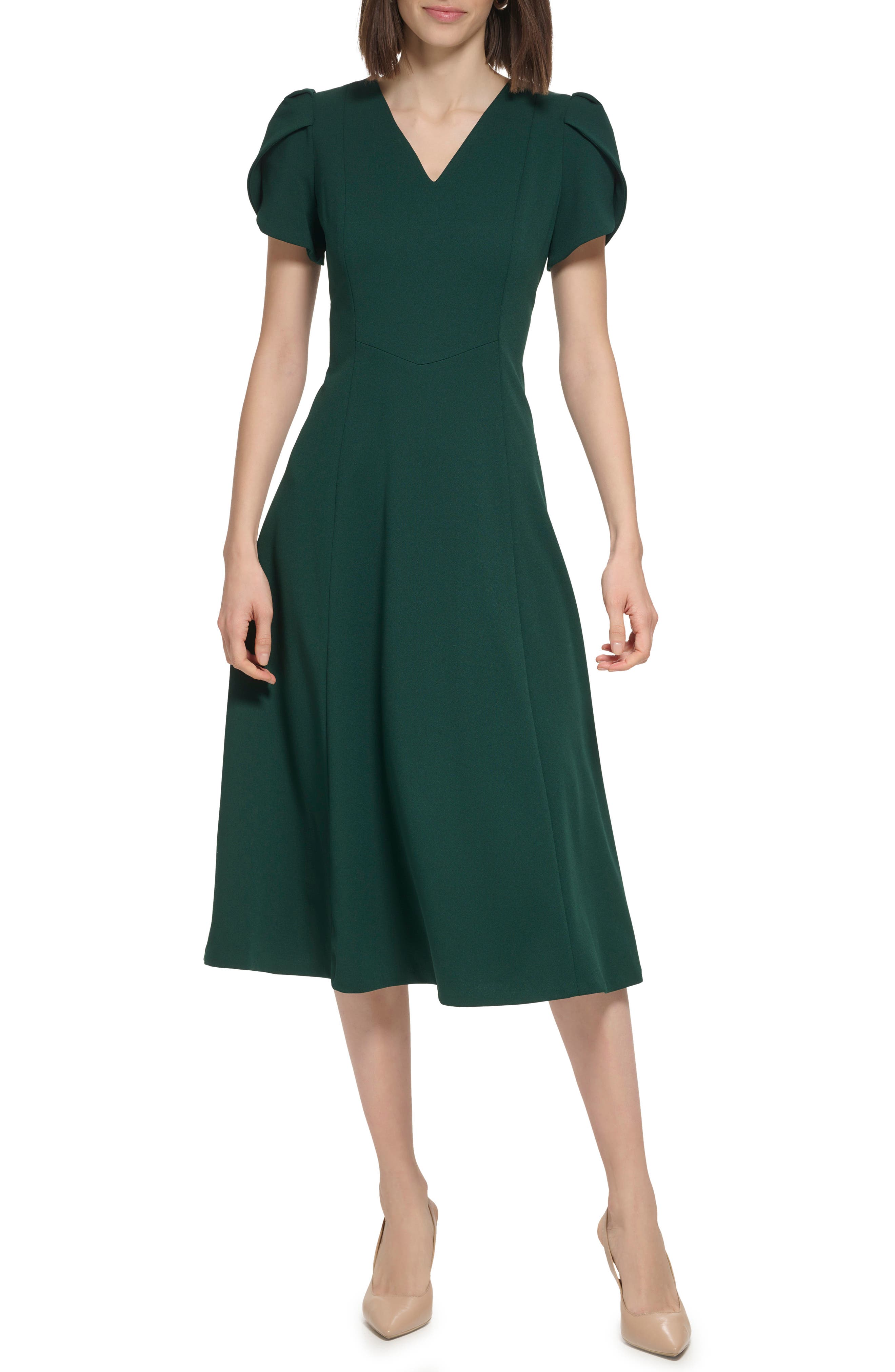 Tulip Sleeve A-Line Midi Dress