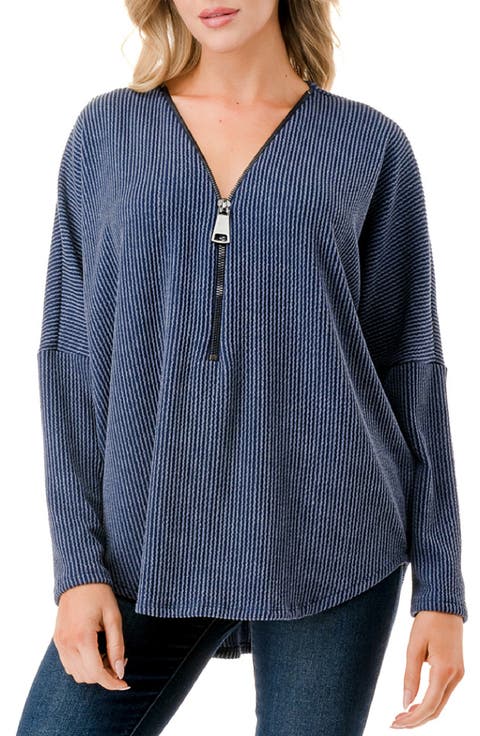 Quarter Zip Drop Shoulder Rib Long Sleeve Top