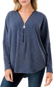 O.L. Quarter Zip Drop Shoulder Rib Long Sleeve Top