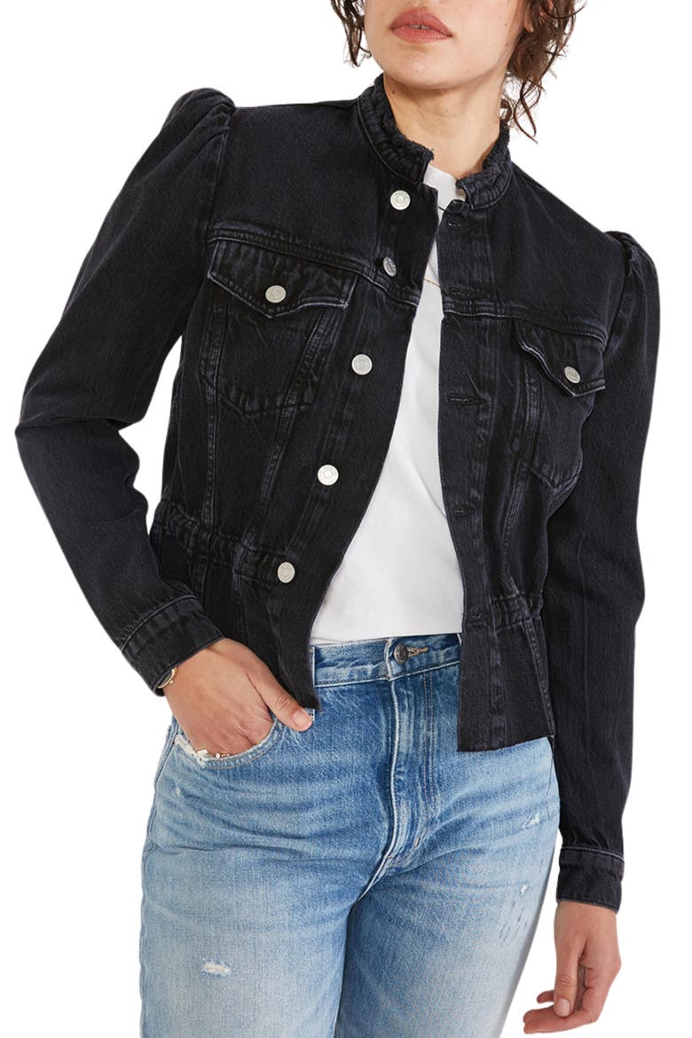 Remi Reconstructed Puff Sleeve Raw Hem Denim Jacket, Alternate, color, BLACK ROCK