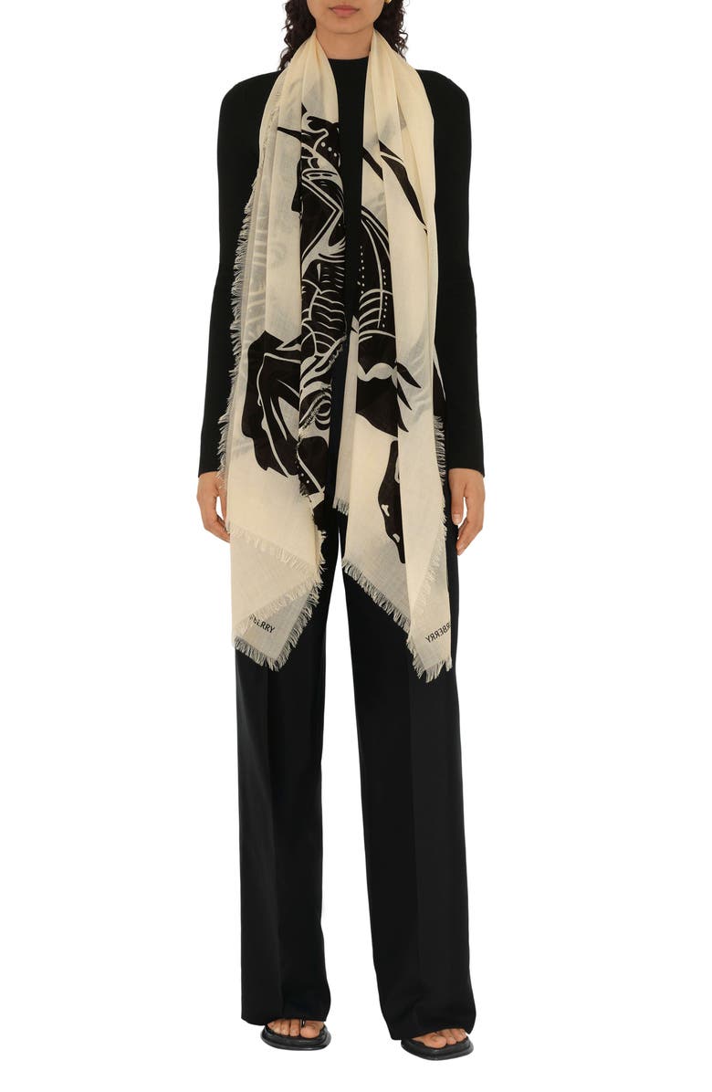 Burberry Equestrian Knight Wool Fringe Scarf, Alternate, color, Calico