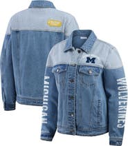 WEAR by Erin Andrews Women's WEAR by Erin Andrews Denim Michigan Wolverines Sleeve Hit Colorblock Button-Down Denim Jacket