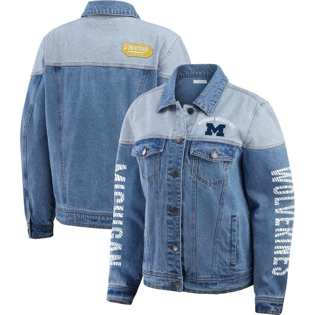Wear By Erin Andrews Denim Michigan Wolverines Sleeve Hit Colorblock Button-down Denim Jacket