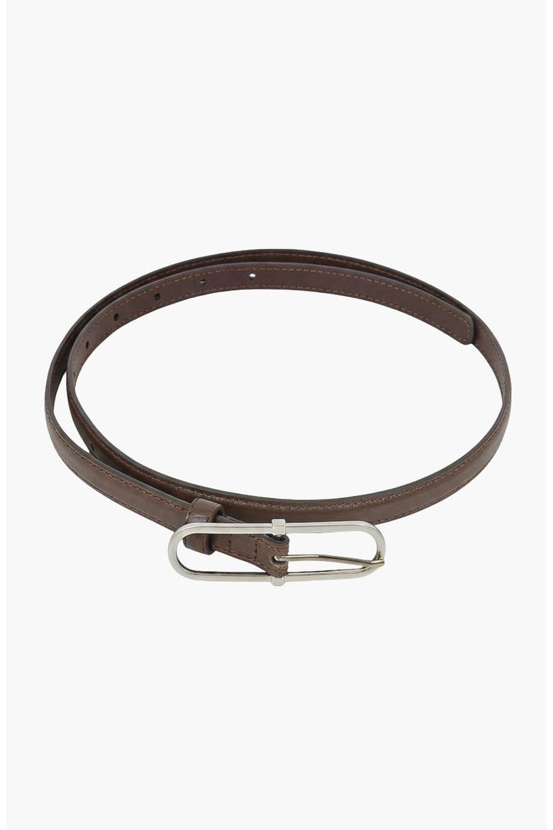 Minimal Design Oval Buckle Leather Belt, Main, color, Brown