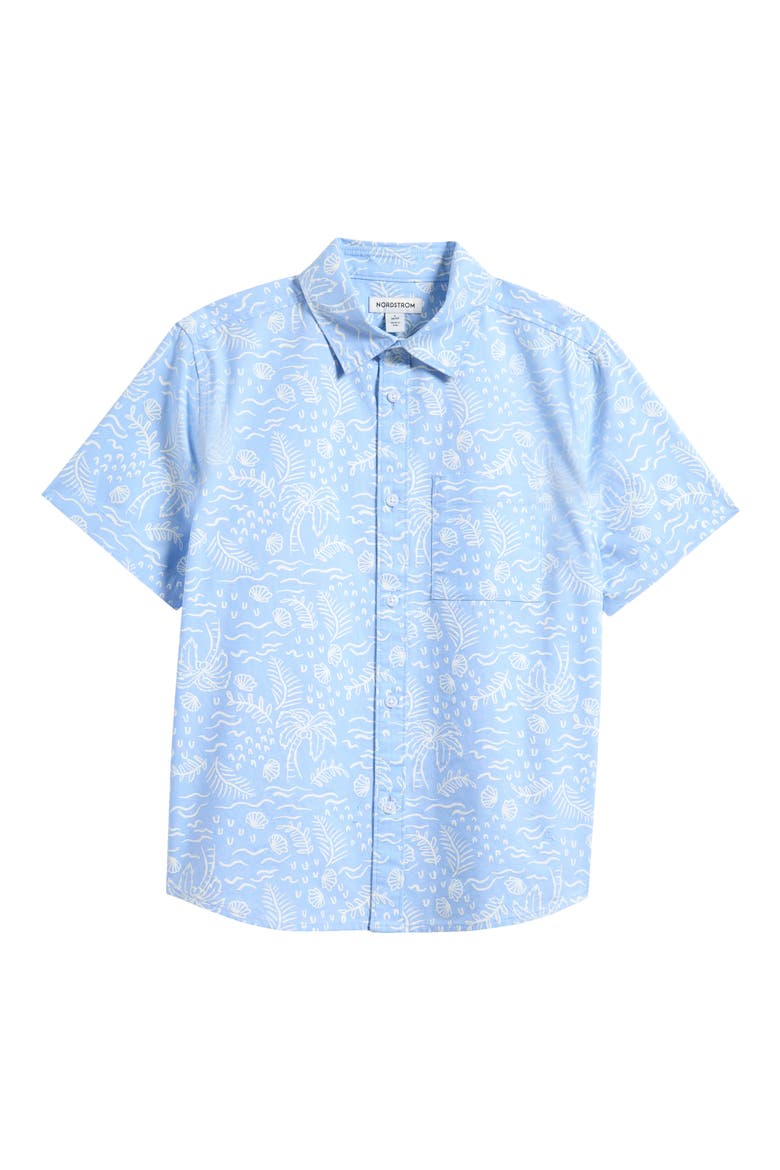 Kids' Patterned Short Sleeve Cotton Button-Up Shirt, Main, color, BLUE WINDSURFER TROPICAL TOILE