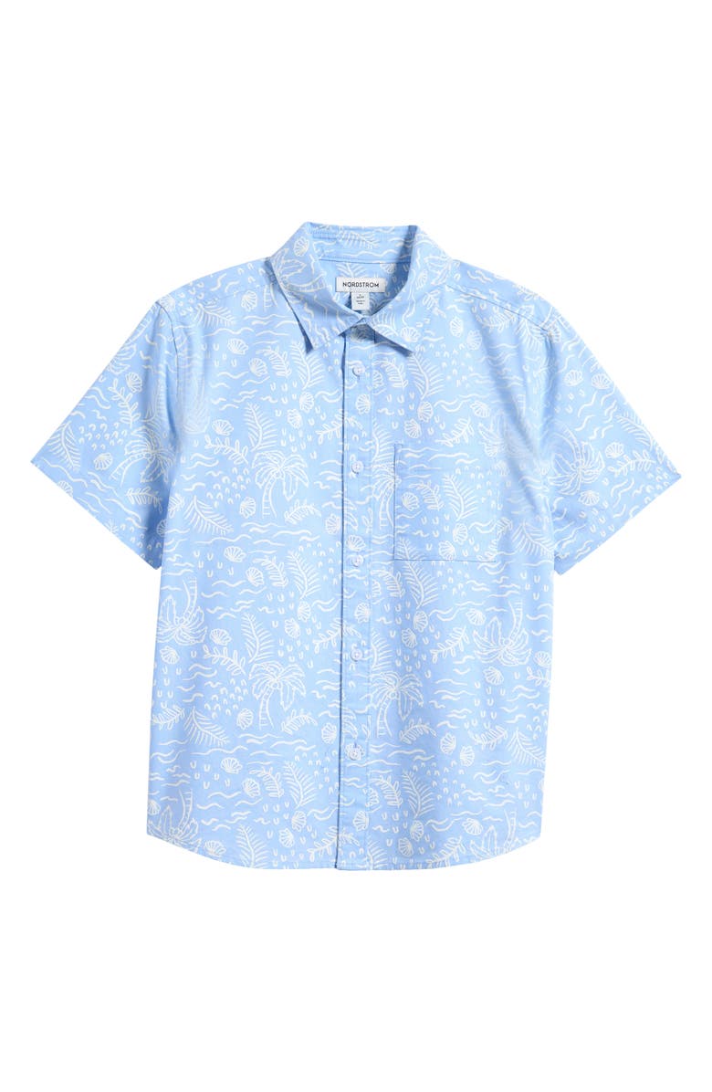 Nordstrom Kids' Patterned Short Sleeve Cotton Button-Up Shirt, Main, color, Blue Windsurfer Tropical Toile