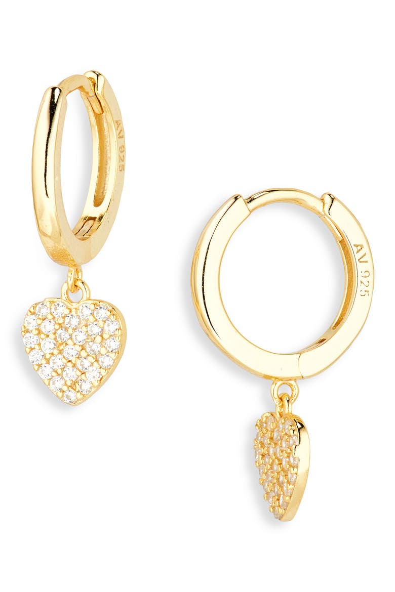 Pavé Crystal Heart Drop Huggie Hoop Earrings, Main, color, GOLD