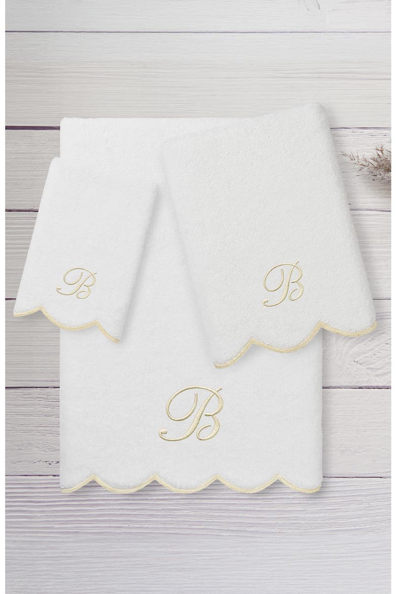 Adornia Scallop Initial 3-Piece Towel Set, Alternate, color, WHITE/ BEIGE B