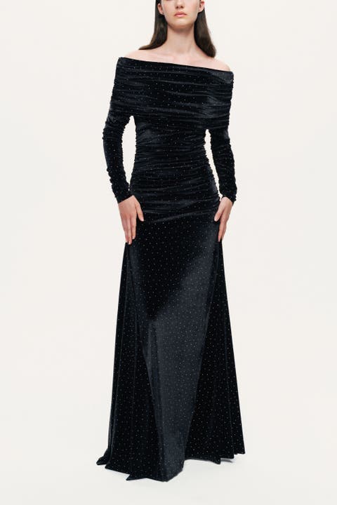 Off-Shoulder Velvet Maxi Dress with Rhinestone Detail