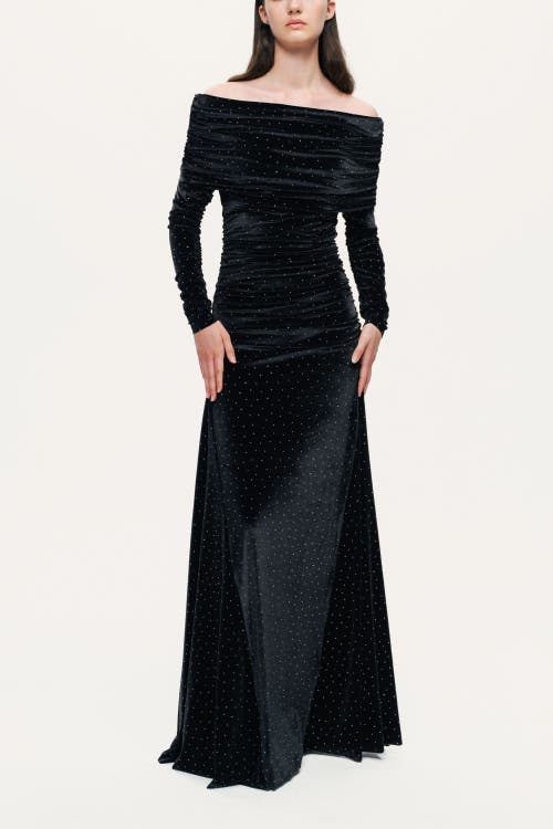 Nocturne Off-shoulder Velvet Maxi Dress With Rhinestone Detail In Black
