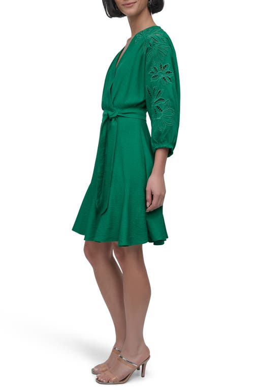 Shop Dkny Eyelet Long Sleeve Faux Wrap Dress In Grass Green