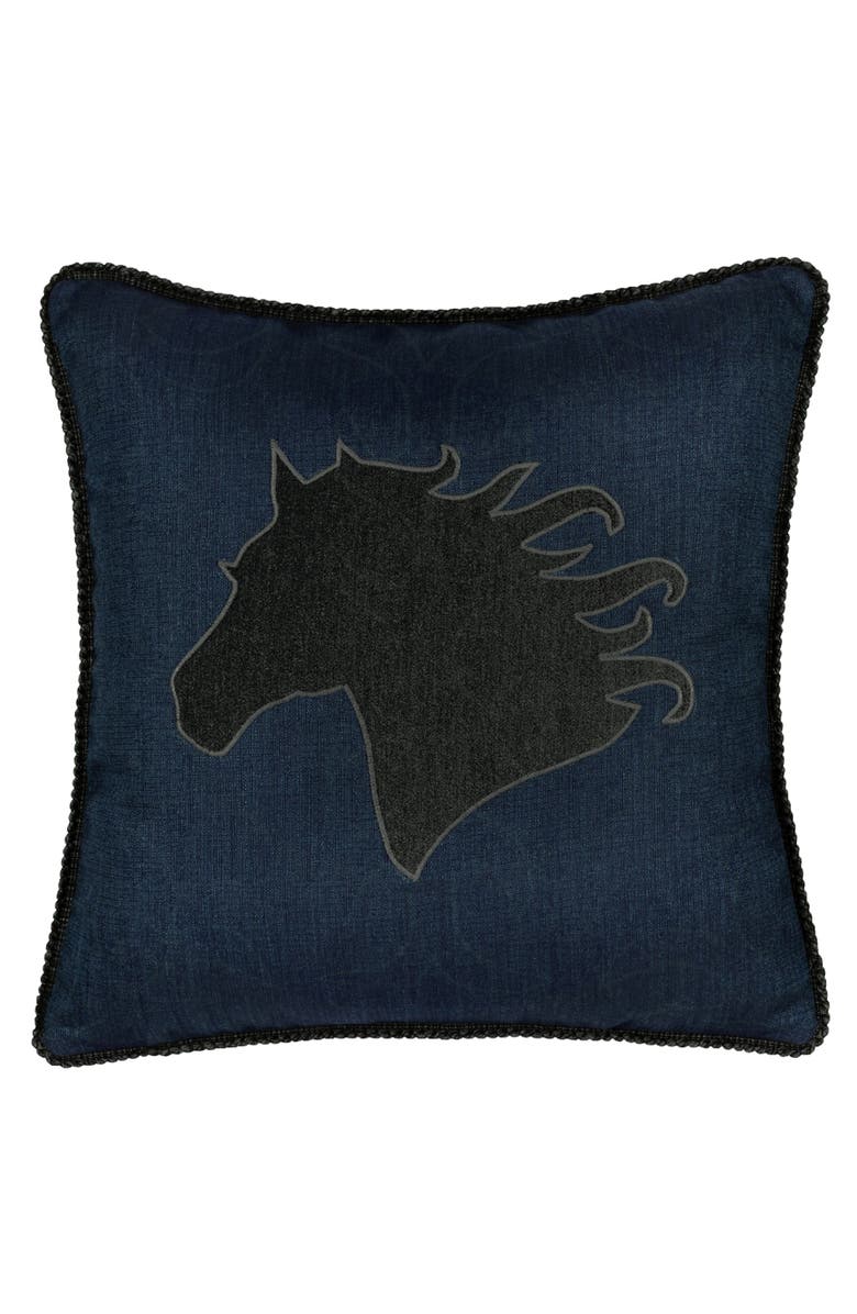 Elaine Smith Black Beauty Handmade Velvet Embroidered Applique Indoor & Outdoor Accent Pillow, Main, color, Denim