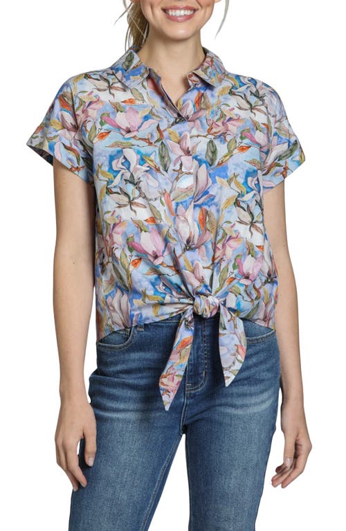 APNY Floral Print Tie Front Cotton Camp Shirt in Blue/Rose Multi 
