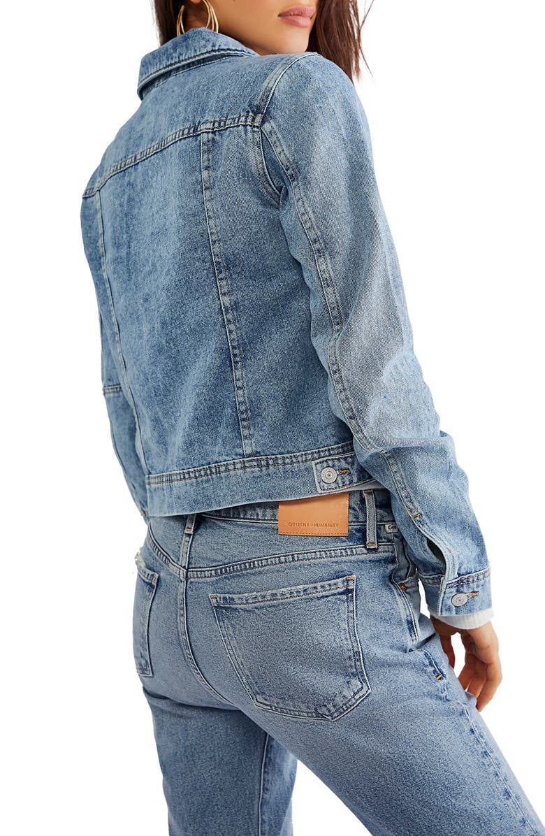 Free People Rumors Crop Denim Trucker Jacket, Alternate, color, Light Indigo
