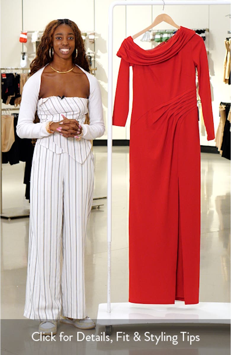 Pleated One-Shoulder Long Sleeve Crepe Gown, sales video thumbnail
