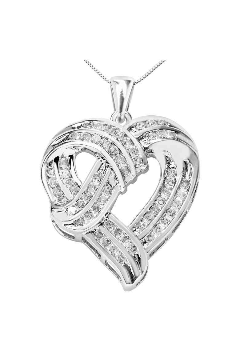 Silver 1 1/4 Cttw Round Diamond Openwork Ribbon Weave Heart Pendant 18" Necklace, Main, color, White