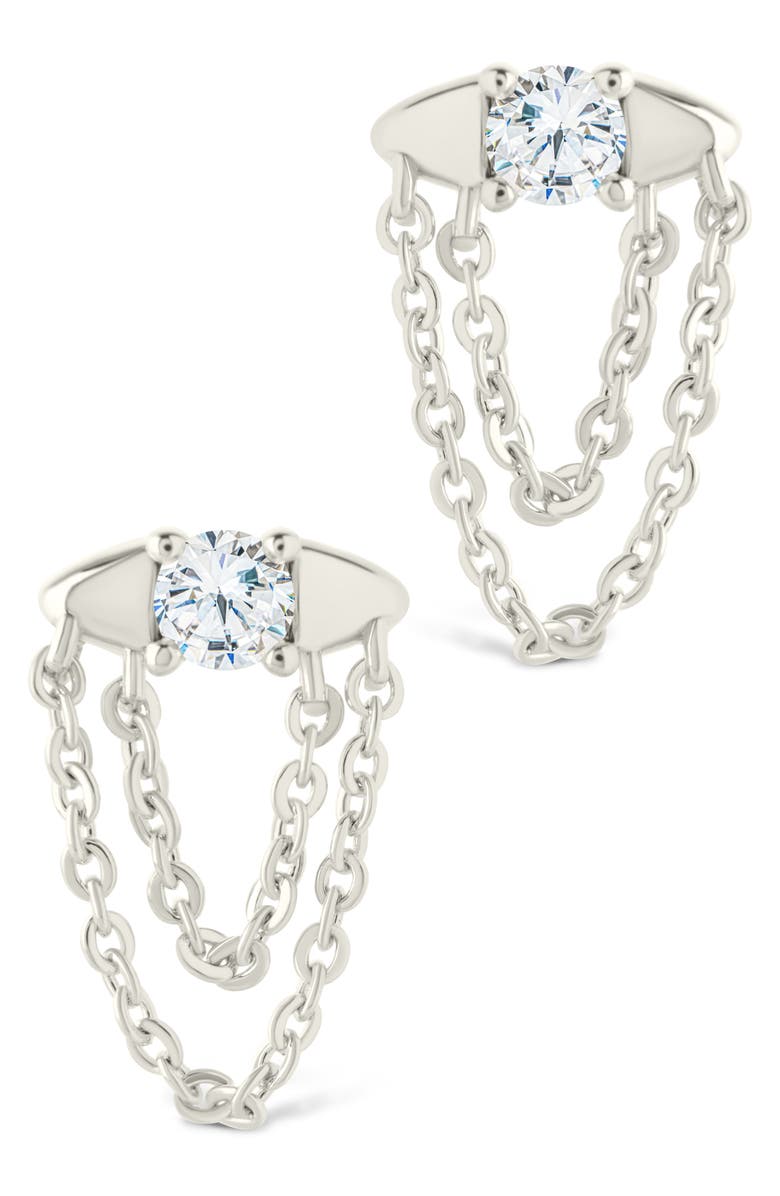 Sterling Forever Bowie Cubic Zirconia Chain Drop Stud Earrings, Alternate, color, Silver