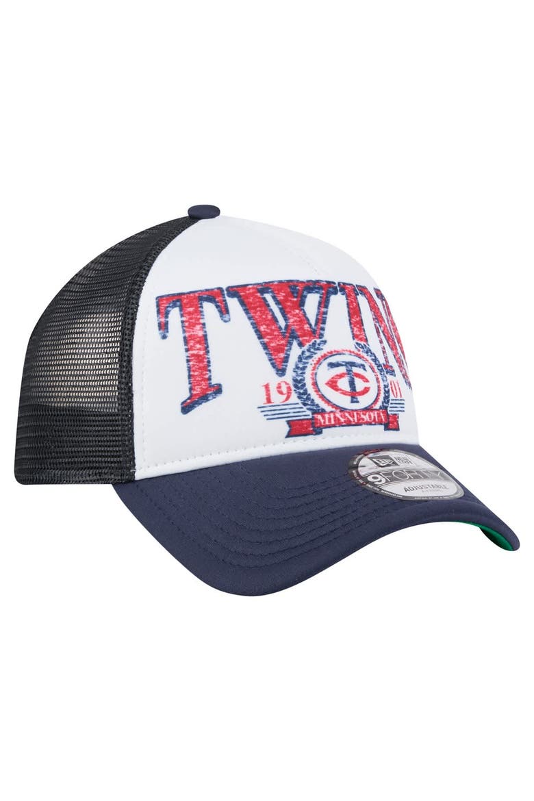 Men's New Era White/Navy Minnesota Twins Distressed 9FORTY A-Frame Adjustable Trucker Hat, Alternate, color, White