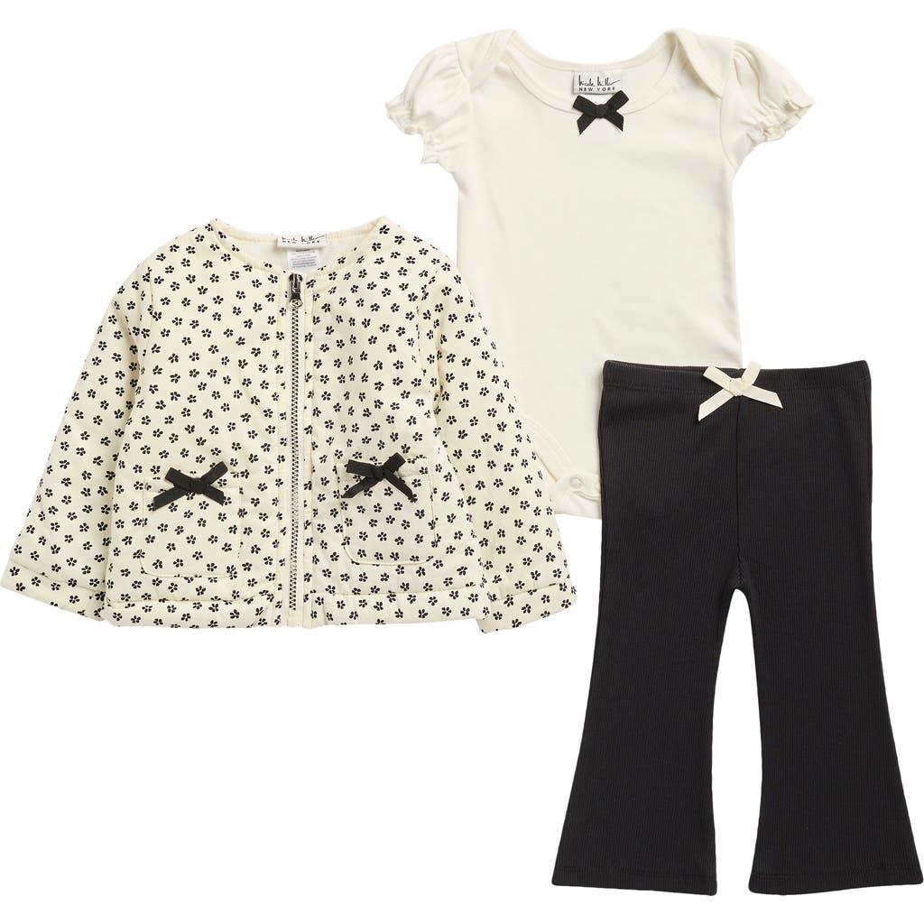 Nicole Miller Floral Zip Up Jacket, Bow Bodysuit & Flare Leggings Set In Multi