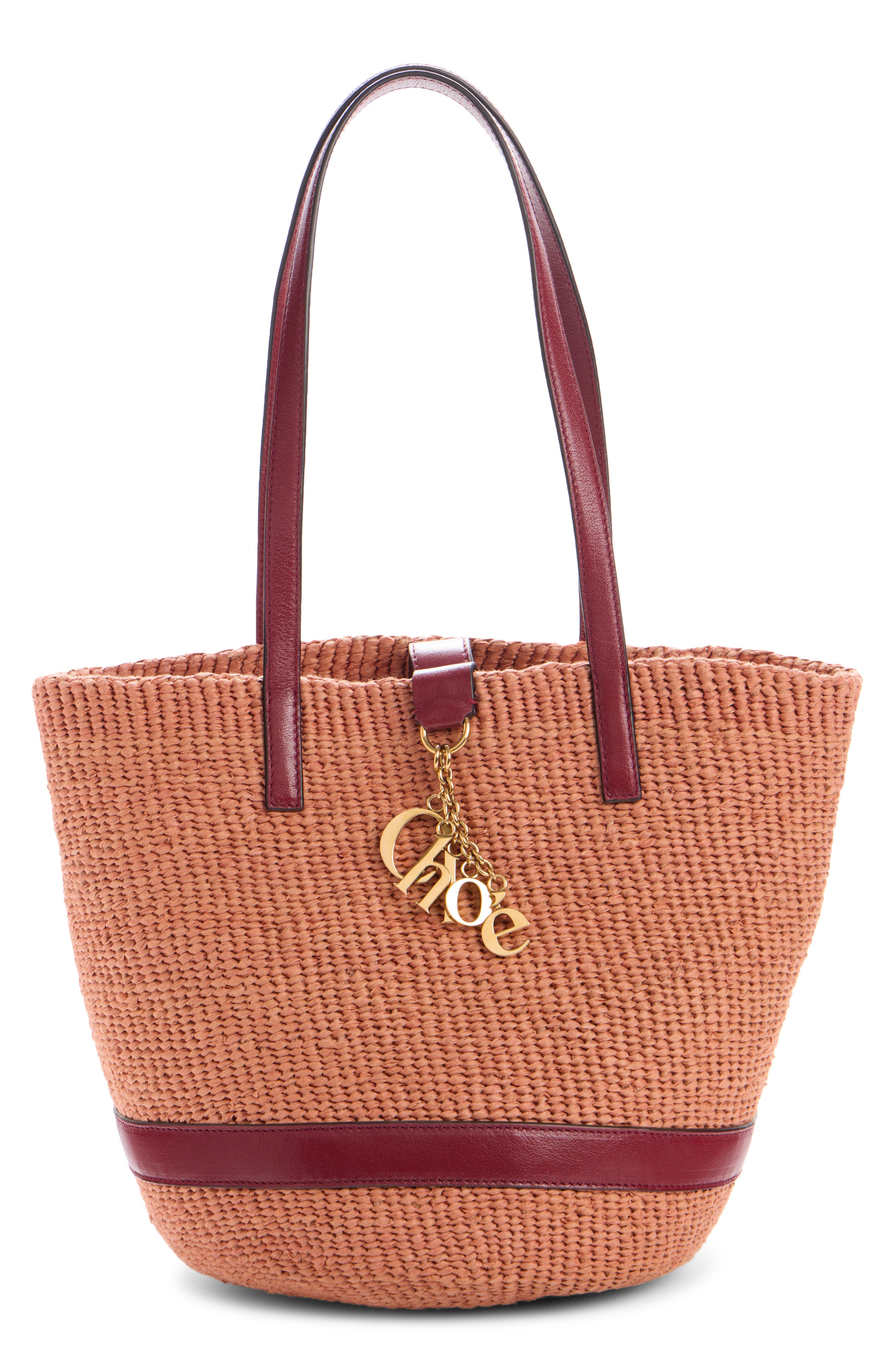 Chloé Charms Woven Straw Tote, Main, color, Ginger Red