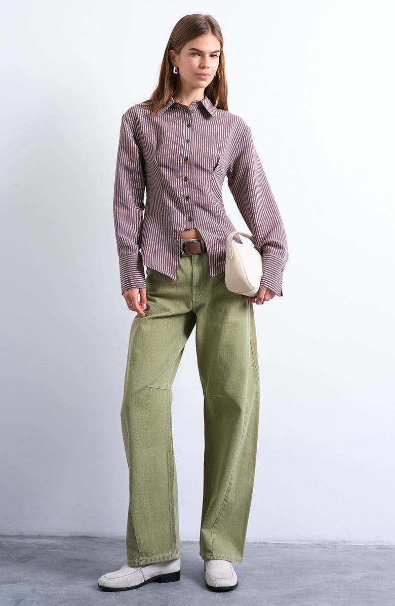 Topshop Split Front Cotton Blend Button-Up Shirt, Alternate, color, Burgundy