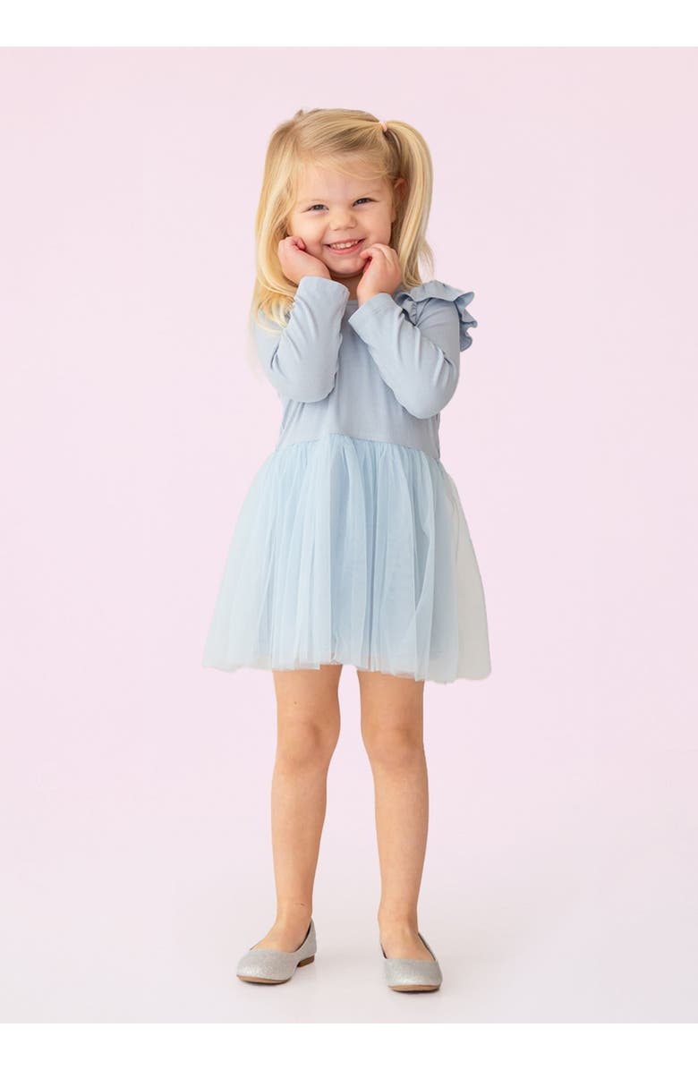 Isobella & Chloe Isobella and Chloe Tutu in the Clouds light blue long-sleeve tulle dress with ruffled shoulders for baby and toddler girls., Alternate, color, Blue