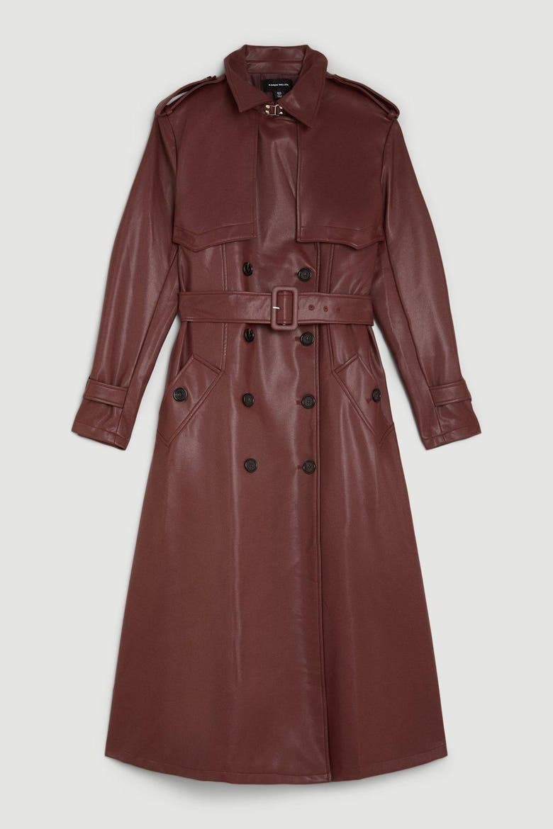 Tailored Faux Leather Belted Trench Coat, Alternate, color, Oxblood