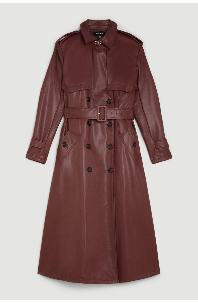 Karen Millen Tailored Faux Leather Belted Trench Coat, Alternate, color, Oxblood