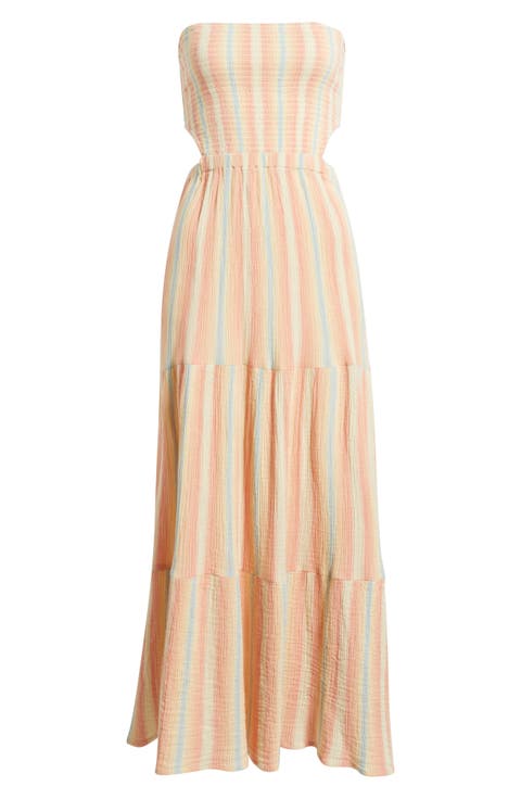 Premium Surf Stripe Strapless Tiered Cotton Maxi Dress