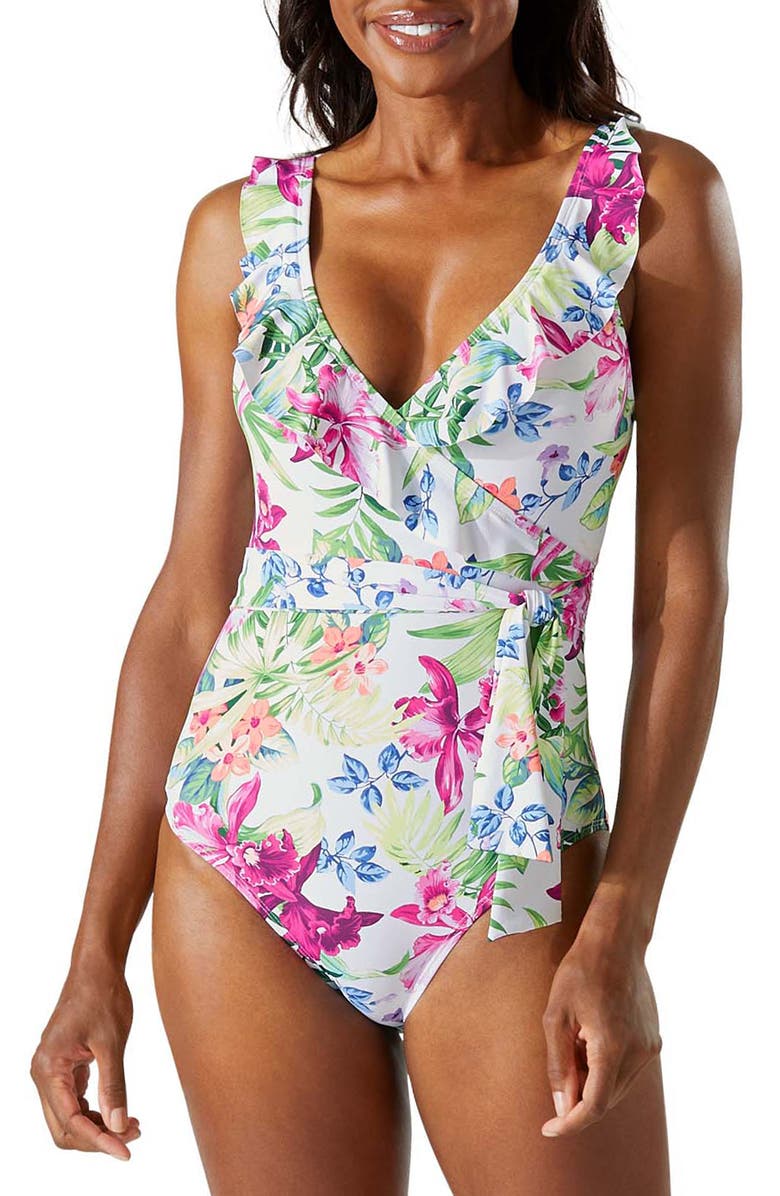 Tommy Bahama Coastal Gardens Floral Wrap Front One-Piece Swimsuit, Main, color, 