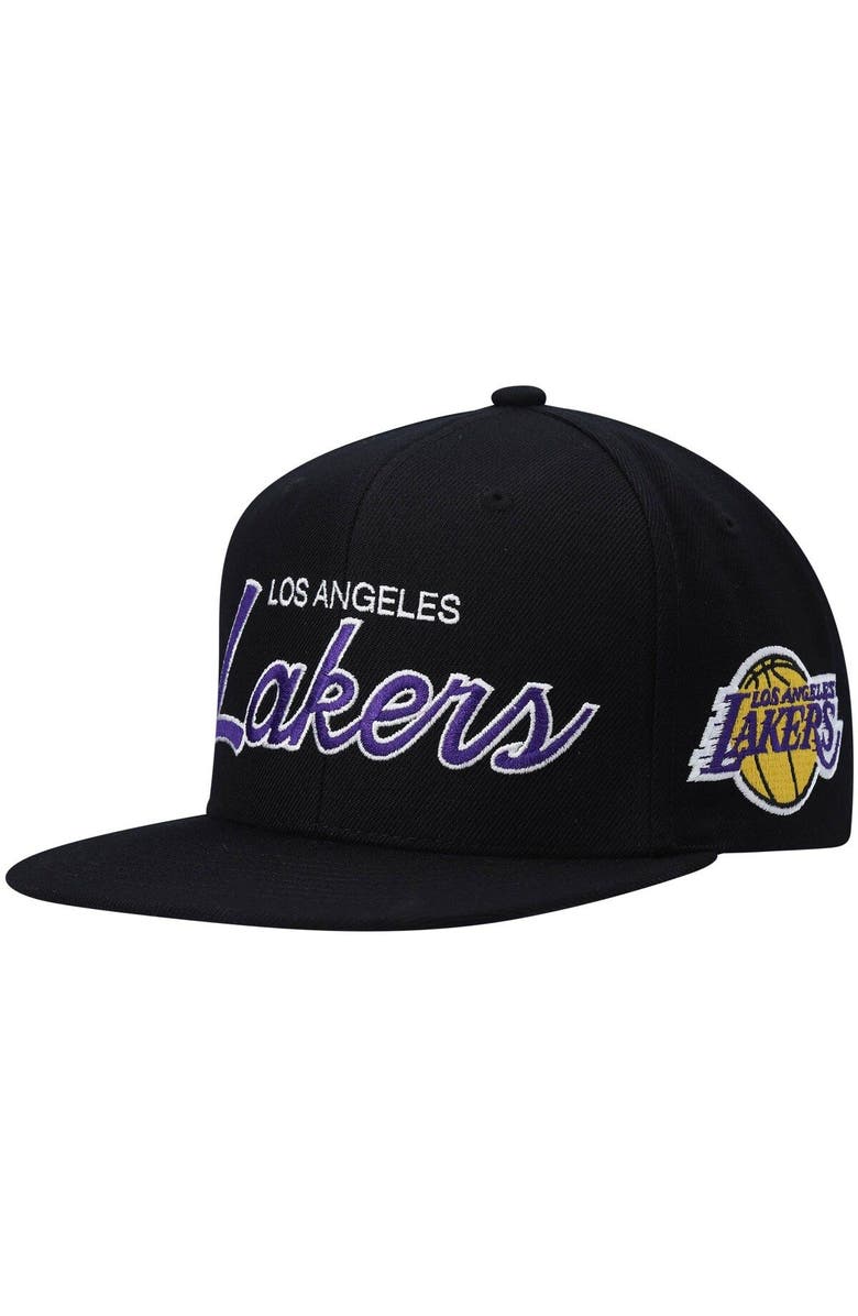 Mitchell & Ness Men's Mitchell & Ness Black Los Angeles Lakers Hardwood Classics Script 2.0 Snapback Hat, Main, color, Black
