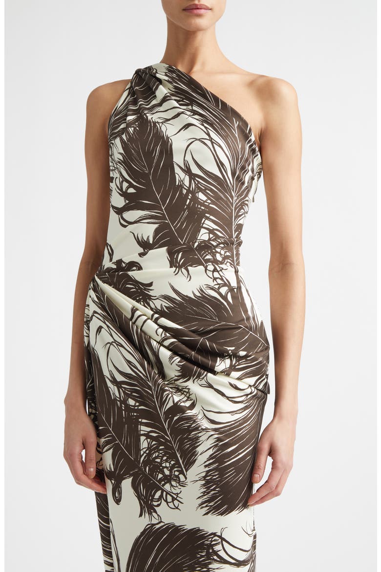 Feather Print One Shoulder Dress, Alternate, color, DARK BROWN/ ECRU