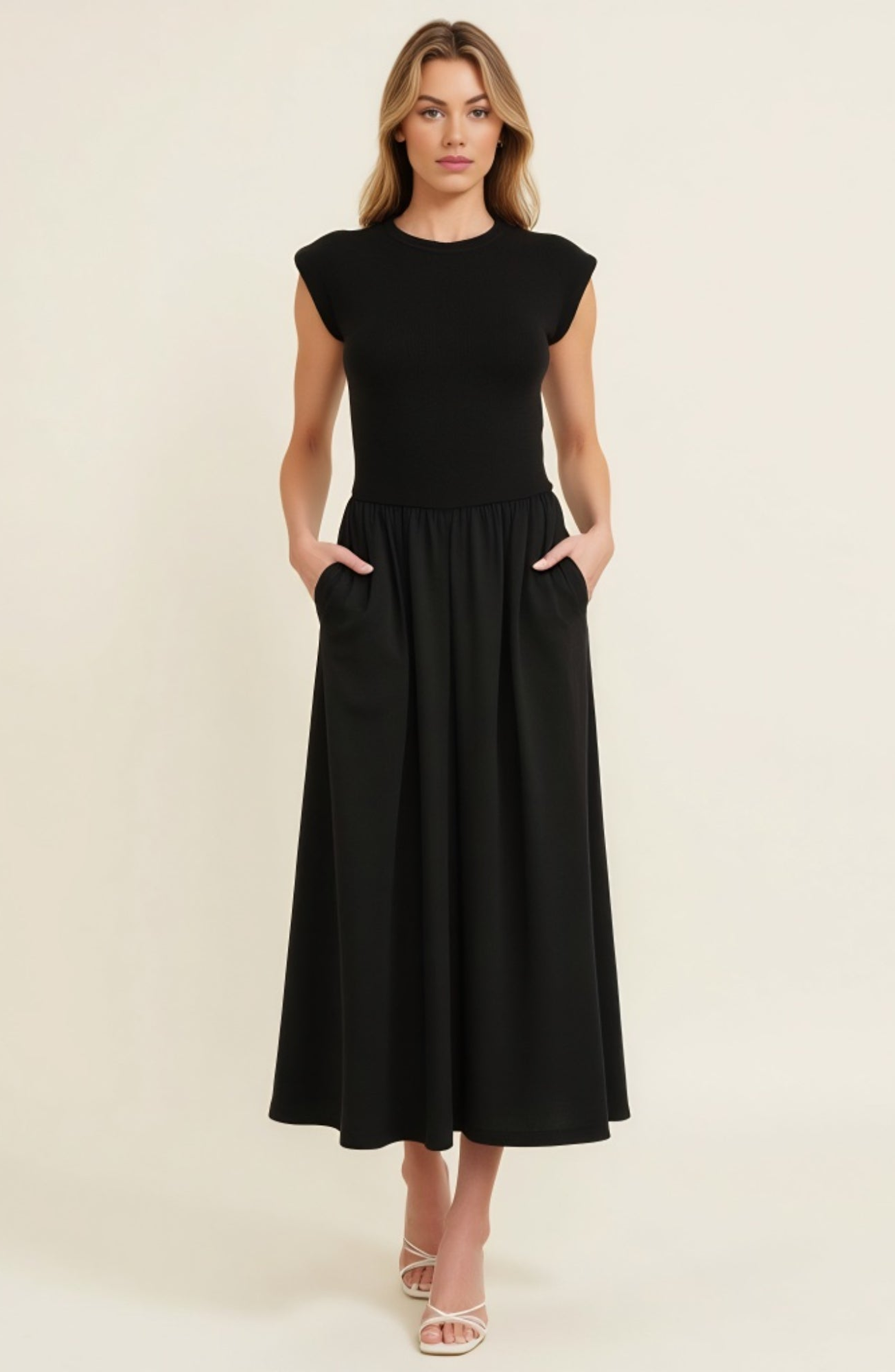 Modenaire Cap Sleeve Fitted Bodice Dress with Gathered Midi Skirt and Pockets in Black 