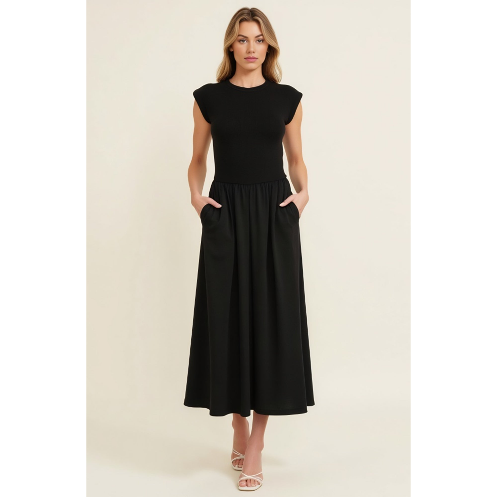 Modenaire Cap Sleeve Fitted Bodice Dress with Gathered Midi Skirt and Pockets in Black  product