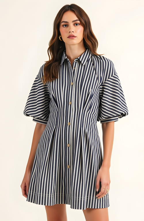 Modenaire Striped Puff Sleeve Tailored Shirt Dress In Black