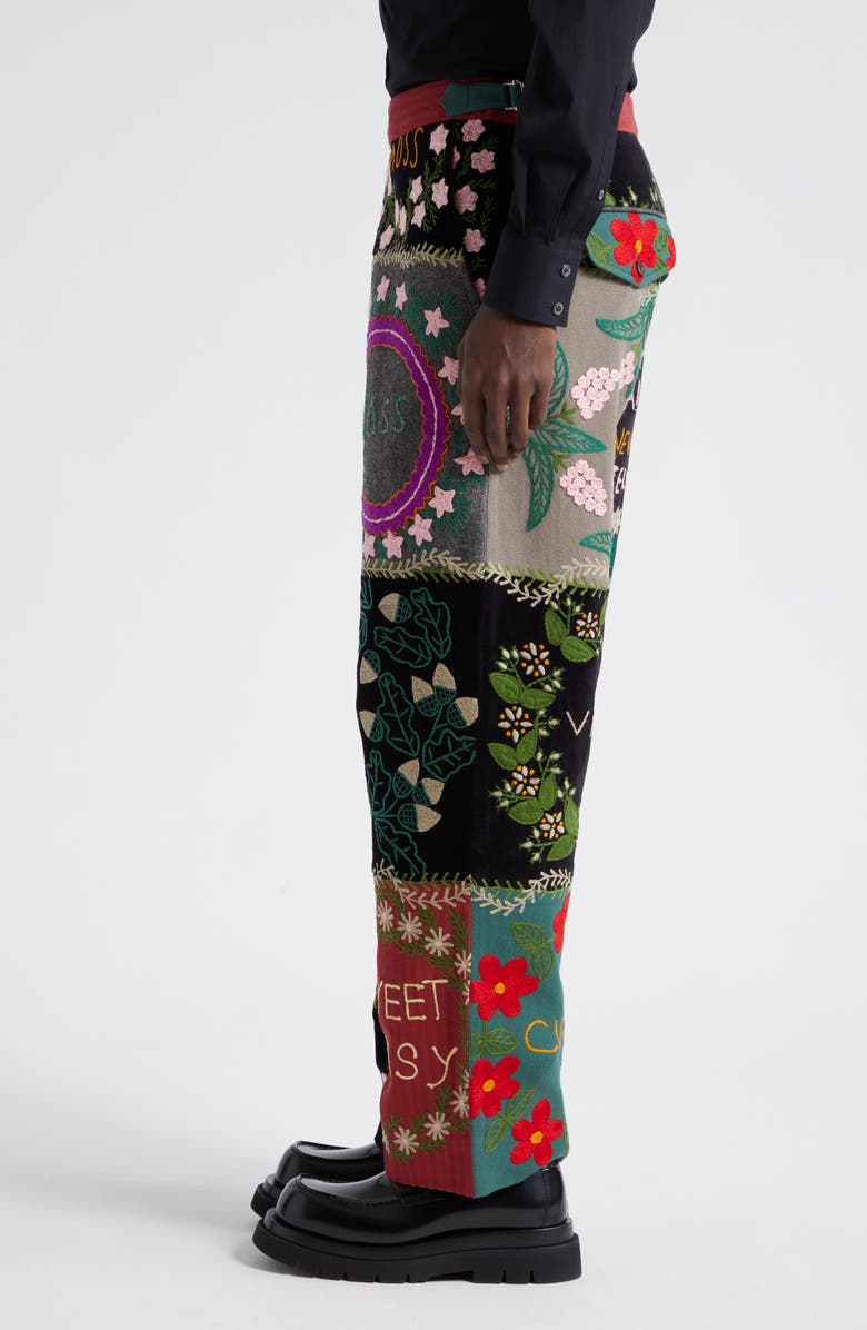 Bode Floral Genus Embroidered Patchwork Wool & Cotton Straight Leg Pants, Alternate, color, 