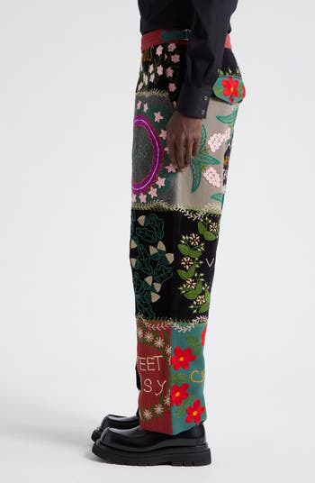 Floral Genus Embroidered Patchwork Wool & Cotton Straight Leg Pants