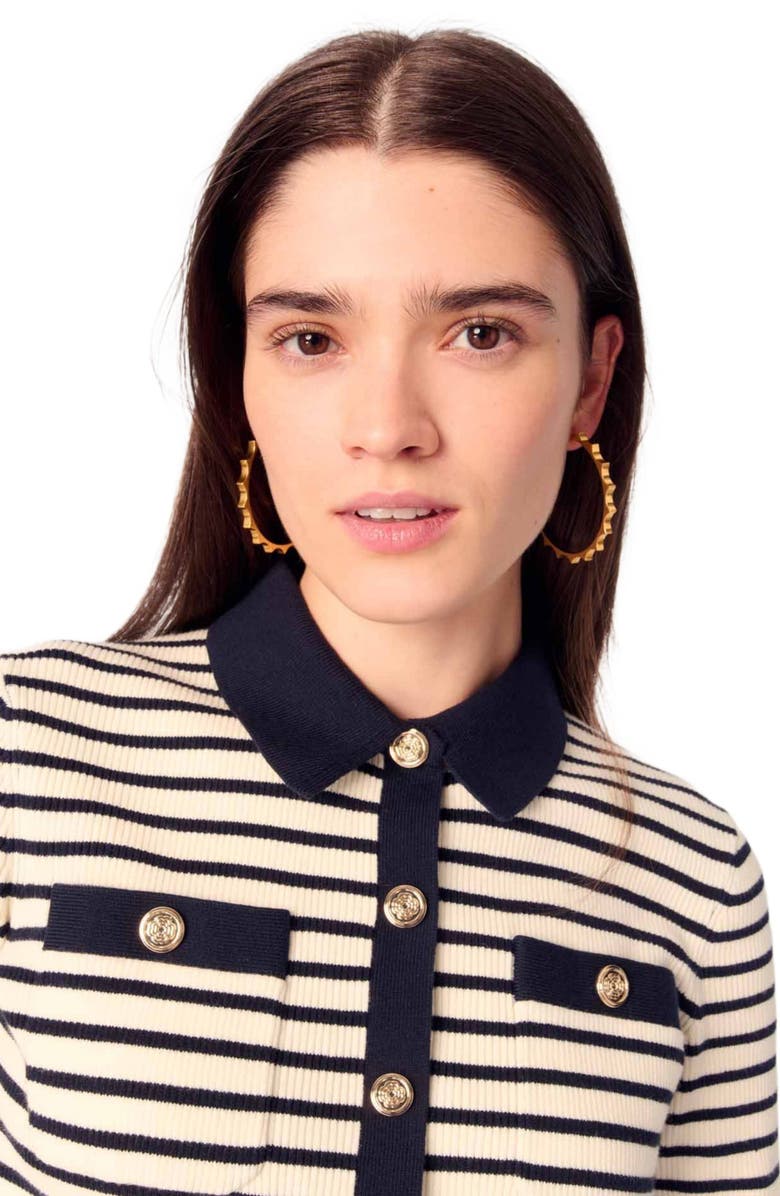 maje Cropped rib knit cardigan, Alternate, color, Navy / Ecru