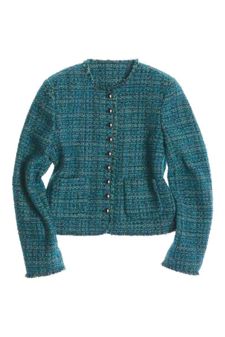Fringe Trim Tweed Jacket, Alternate, color, PETROL BLUE