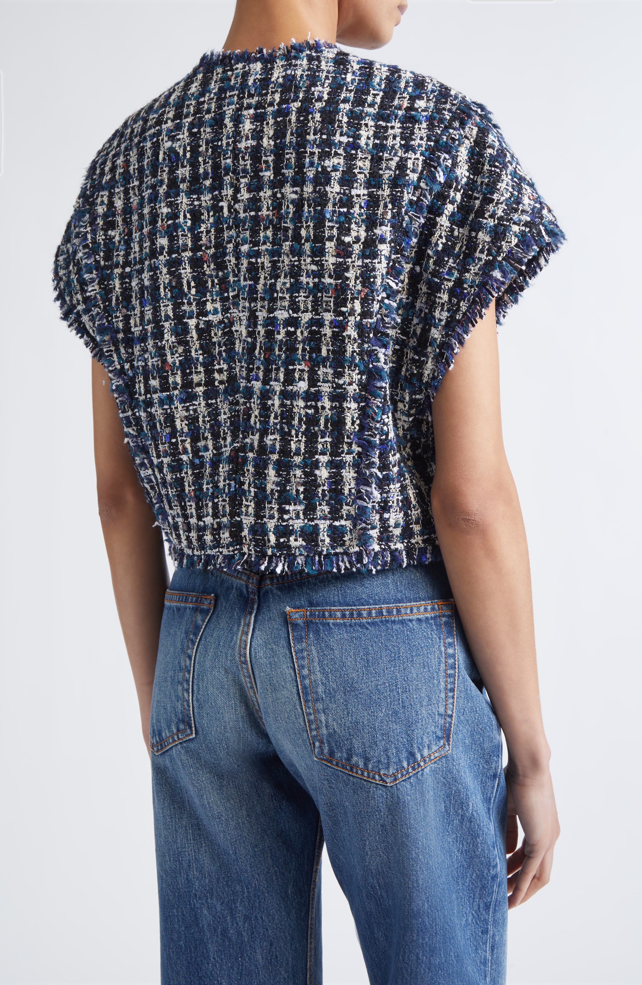 Fringe Cap Sleeve Multicolor Check Tweed Jacket - image 2