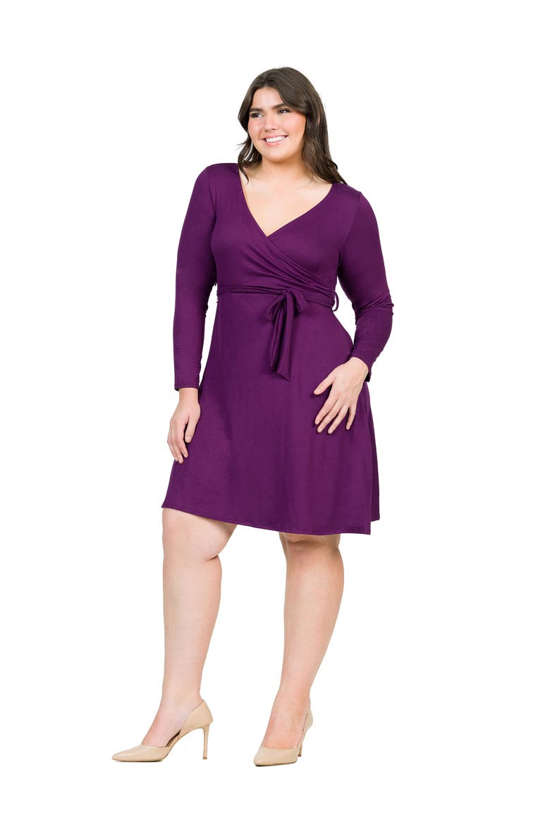 Plus Size Chic V-Neck Long Sleeve Belted  Dress, Alternate, color, Purple