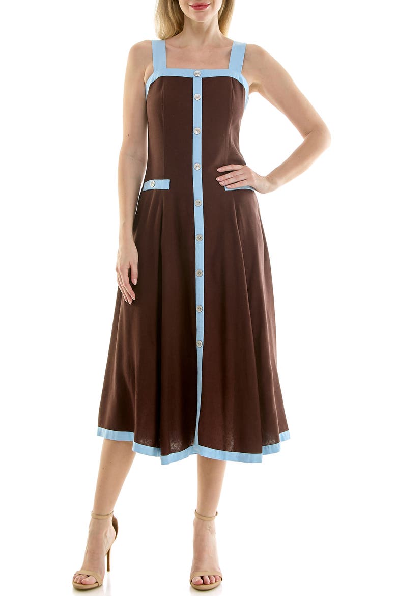 Square Neck Fit & Flare Midi Dress, Main, color, CHOCOLATE / CERULEAN