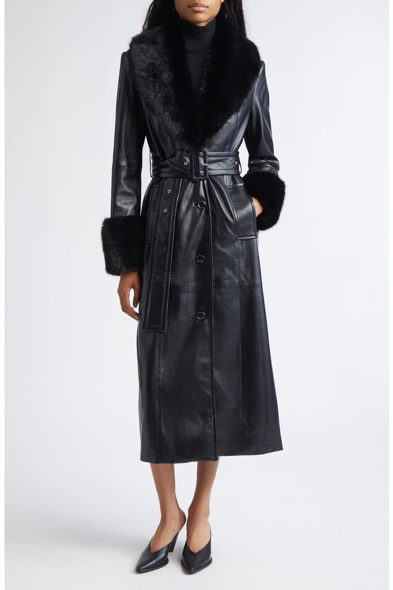 Estella Belted Faux Leather Coat with Faux Fur Trim, Main, color, BLACK/ BLACK