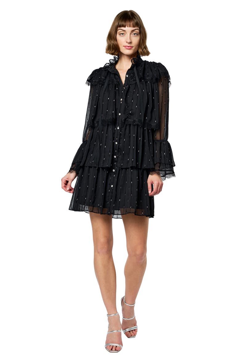 Bharti Metallic Fleck Eyeleash Lace Long Sleeve Minidress, Alternate, color, BLACK