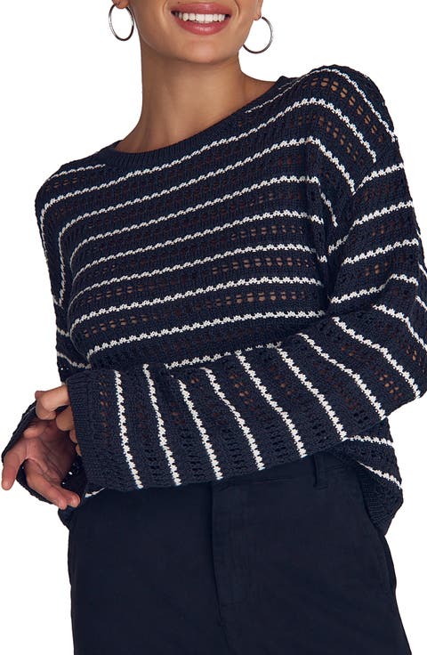 トップス HYKE STRIPED SWEATER CROPPED TOP Women Striped Cropped Sweater Long Sleeve Crew Neck Loose